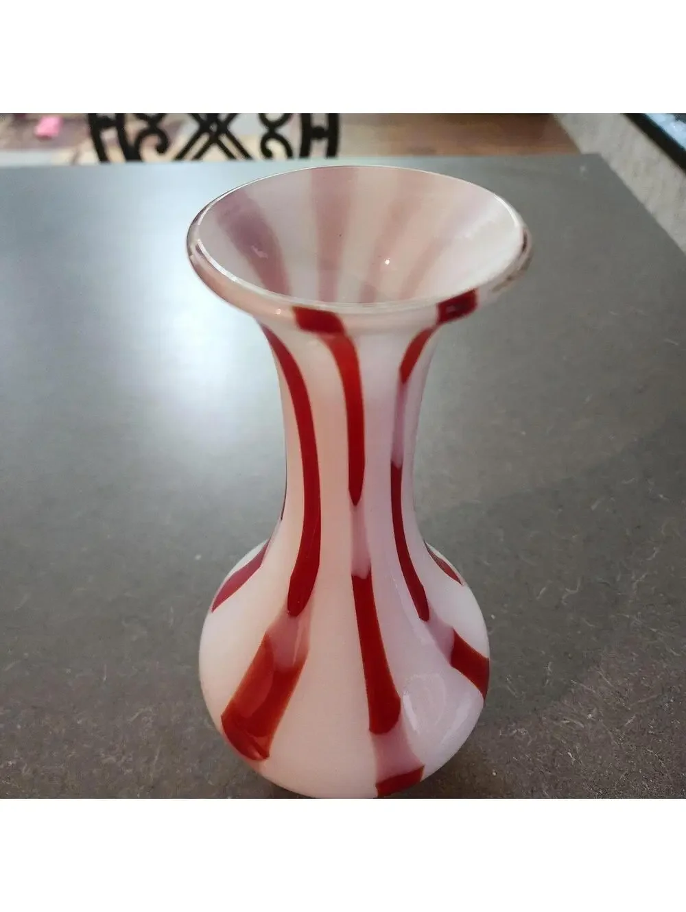 Murano Style Hand Blown Art Glass Vase Red White Swirl Candy Cane 9.5